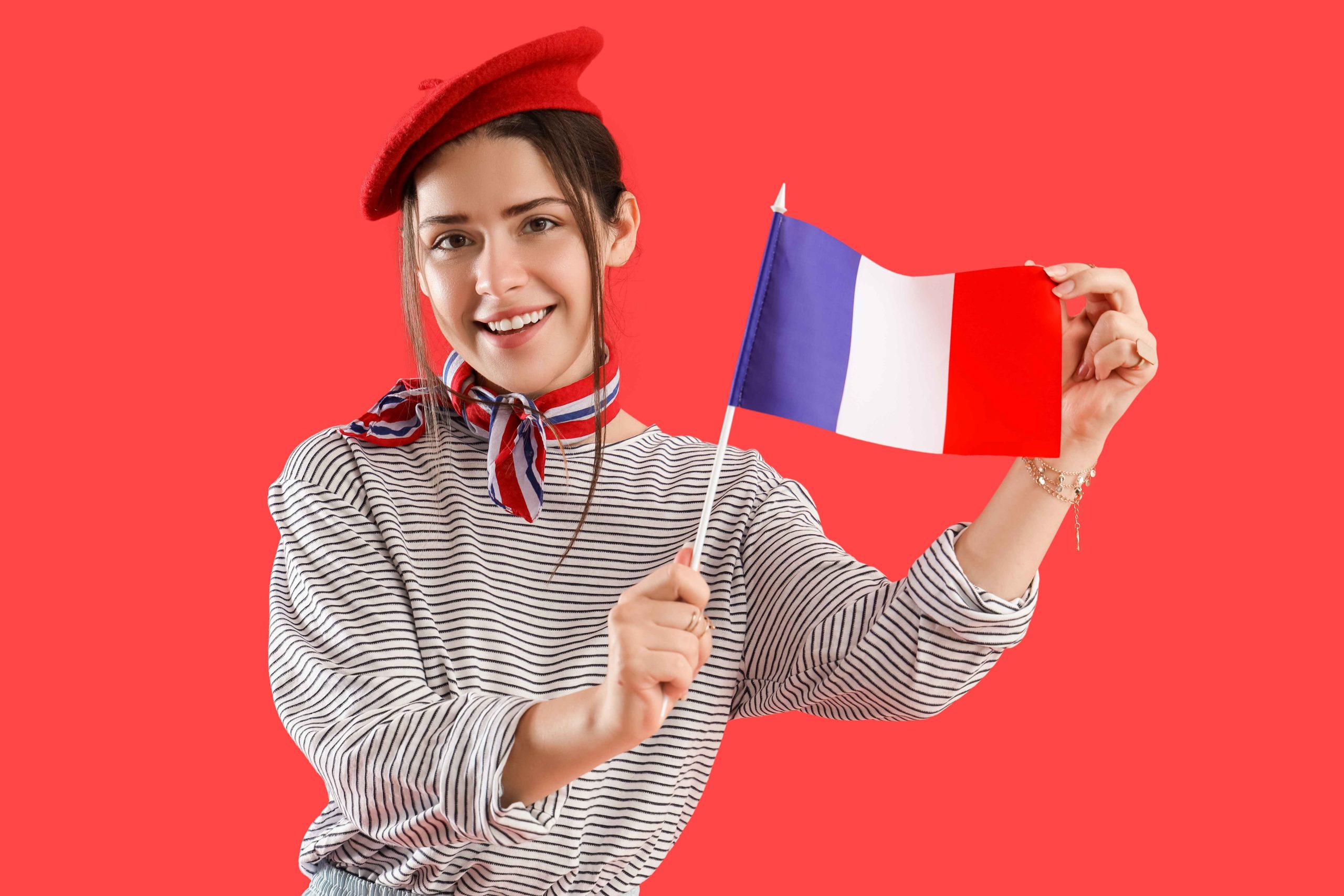 Young,Woman,With,Flag,Of,France,On,Red,Background