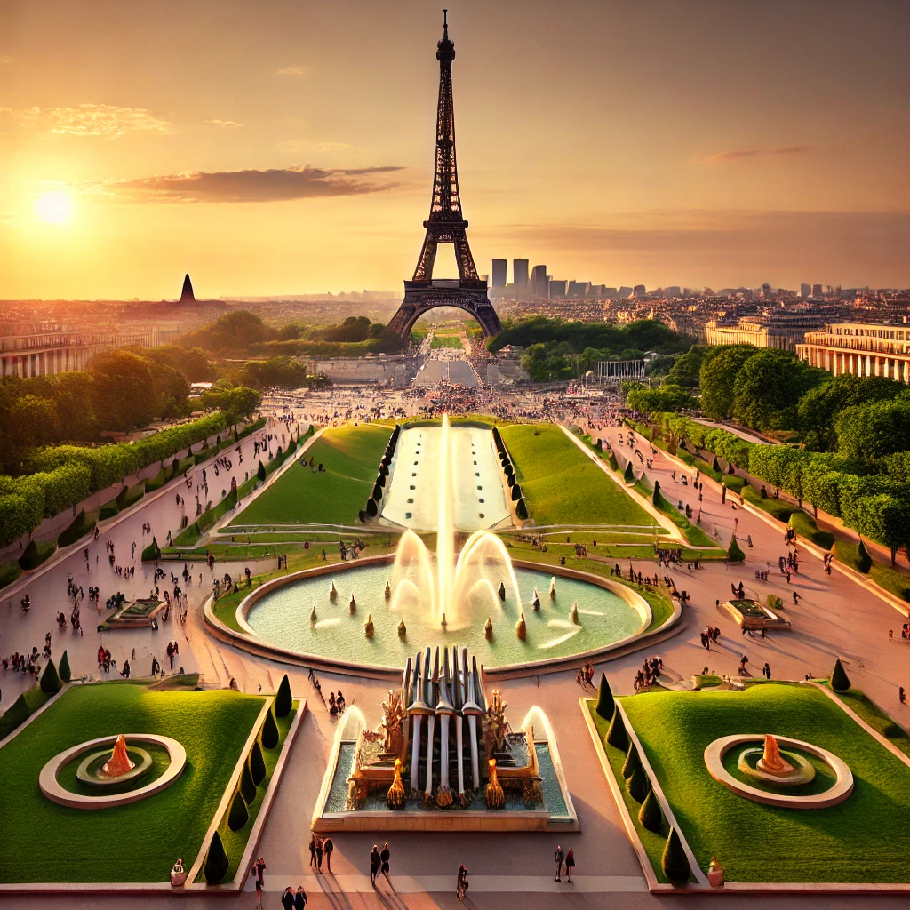 A view of the Trocadéro Gardens in Paris, featuring lush green lawns, grand fountains, and the Eiffel Tower in the background at sunset. Tourists can