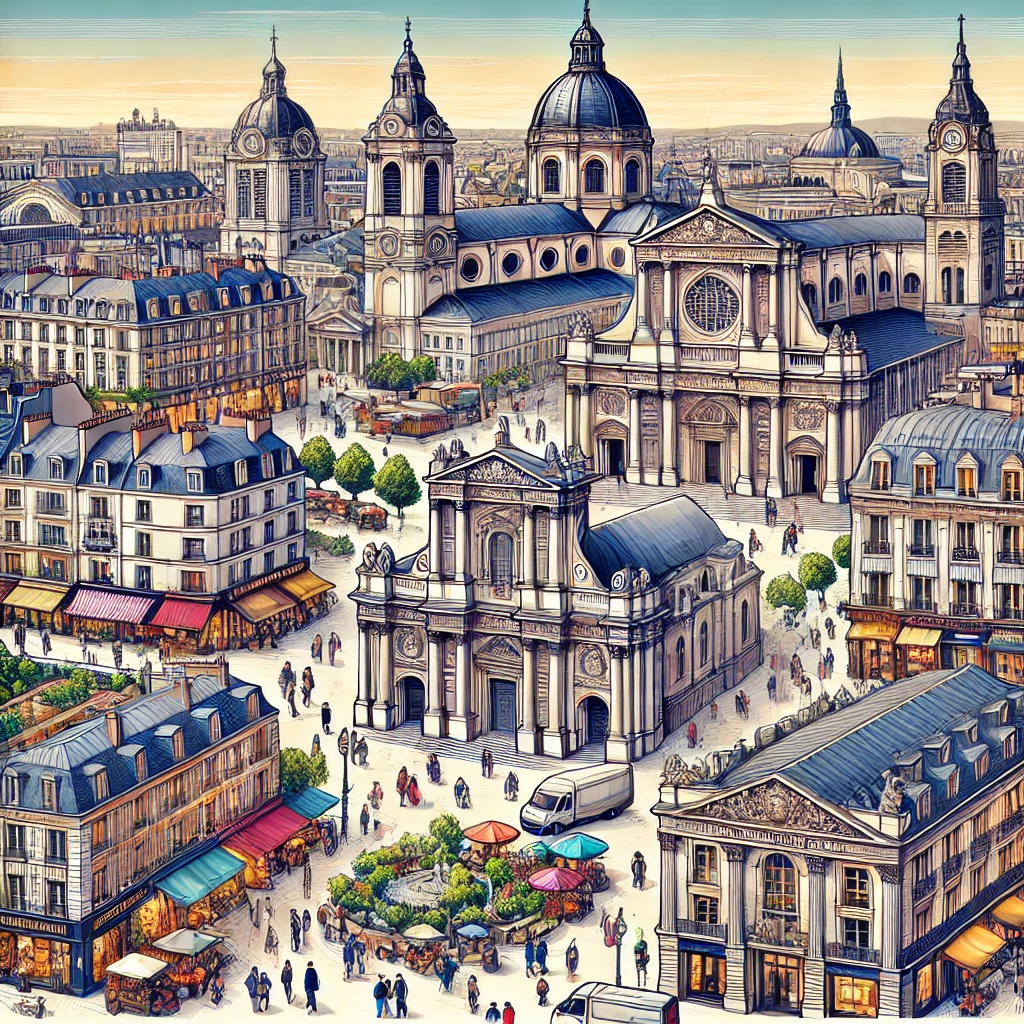 A detailed and vibrant illustration representing key landmarks in the district of Saint-Louis, Versailles. The image should feature Saint-Louis Cathed