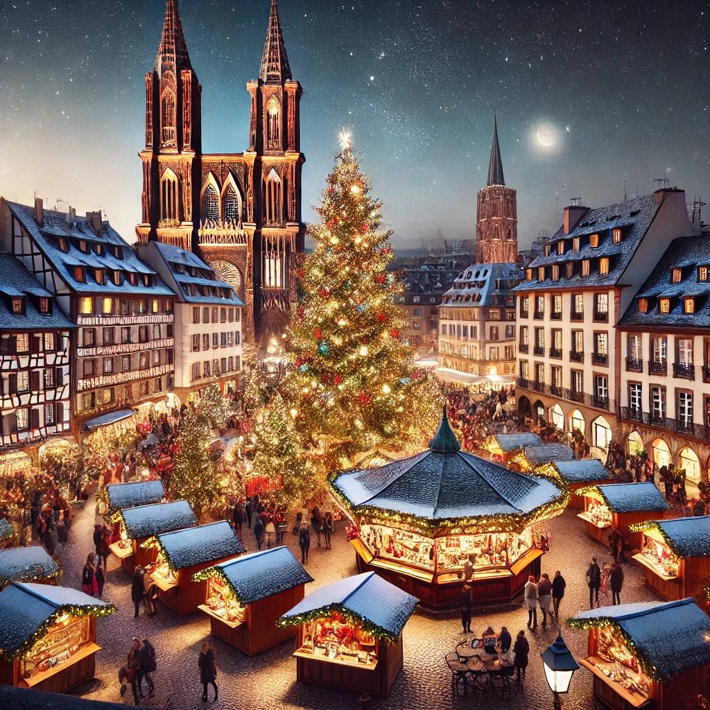 A magical and festive image of Strasbourg Christmas Market (Marché de Noël) in the heart of Strasbourg, France. The scene is at night