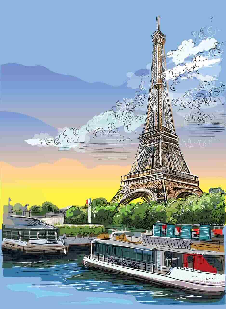 eiffel tower in blue sunset painting