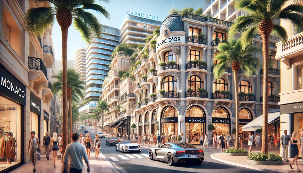 the Carré d'Or district in Monaco, showcasing luxurious shopping malls, elegant boutiques