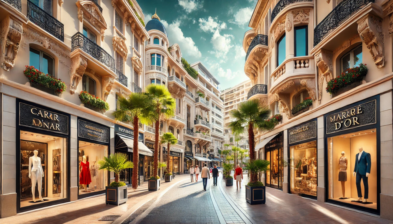 the Carré d'Or district in Monaco, showcasing luxurious shopping malls, elegant boutiques