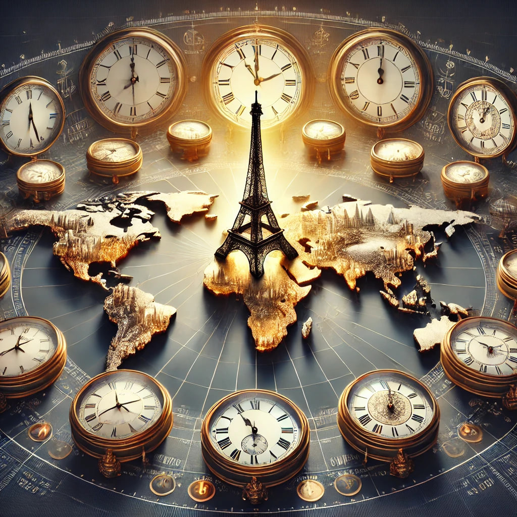 An artistic and visually engaging depiction of France having the most time zones in the world