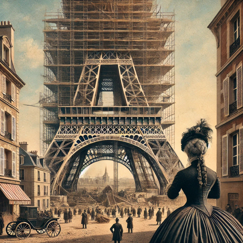 An artistic and historical depiction of the Eiffel Tower as a temporary structure