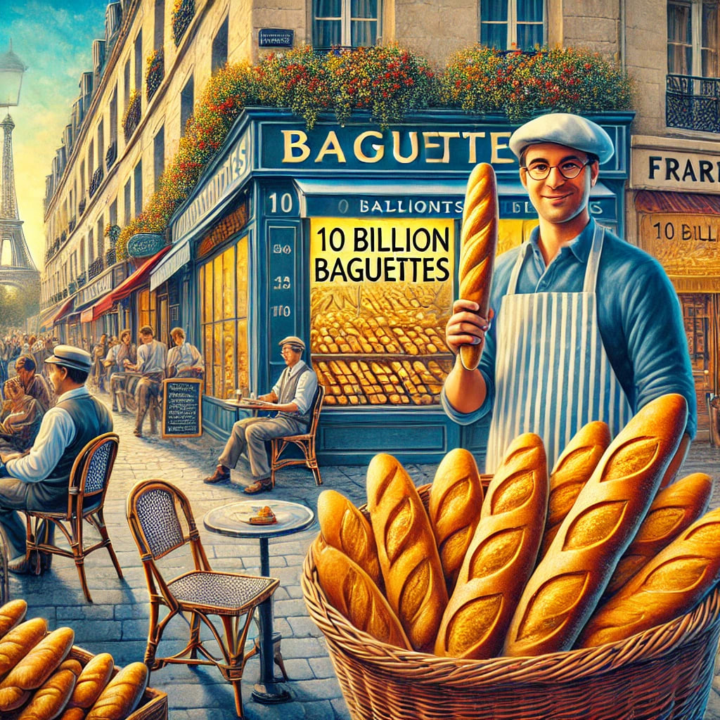 A vibrant and artistic depiction of France’s love for baguettes, illustrating the consumption of 10 billion baguettes annually.